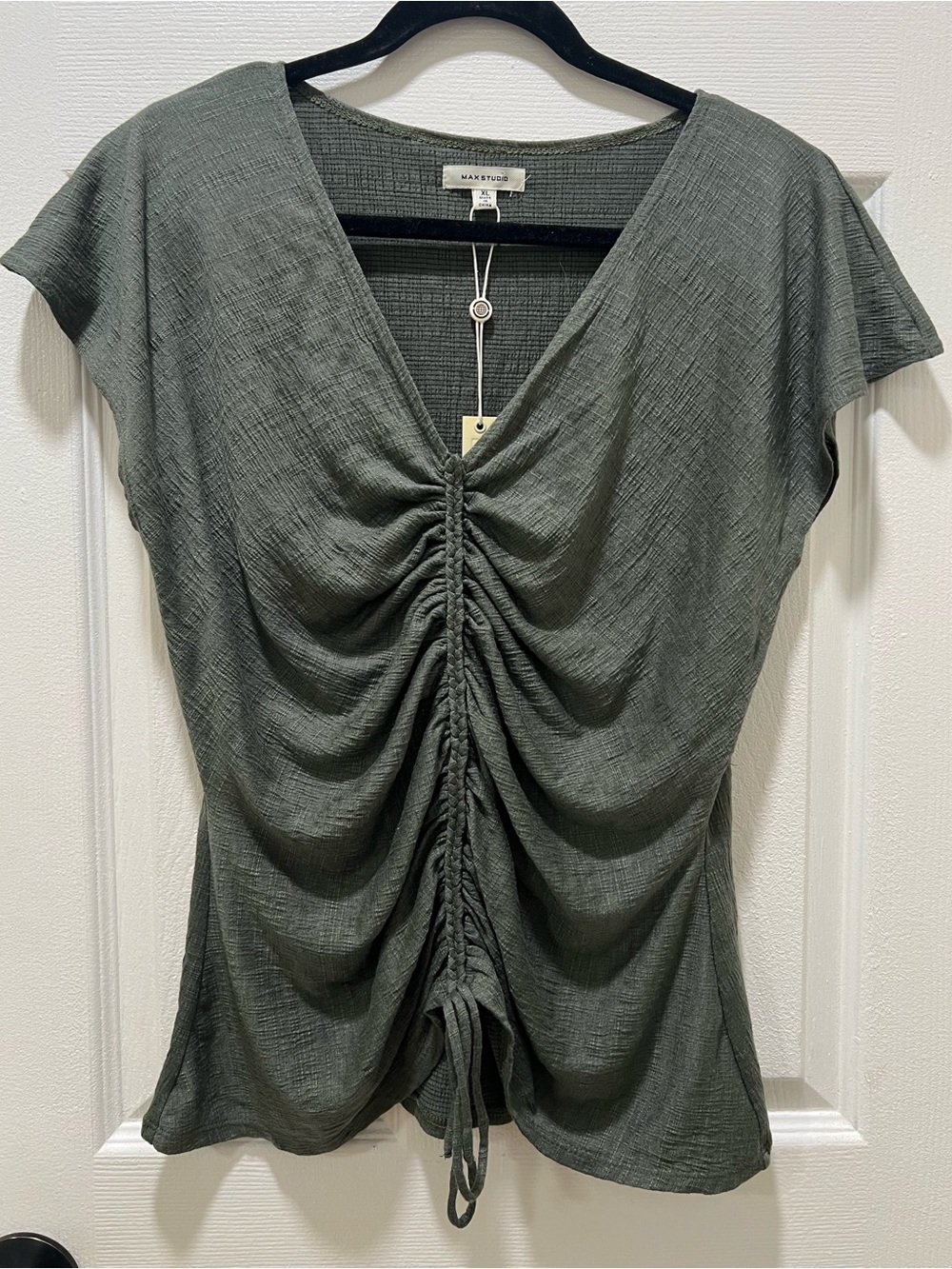 NWT Max Studio Army Green Ruched Front V-Neck Top Size XL
